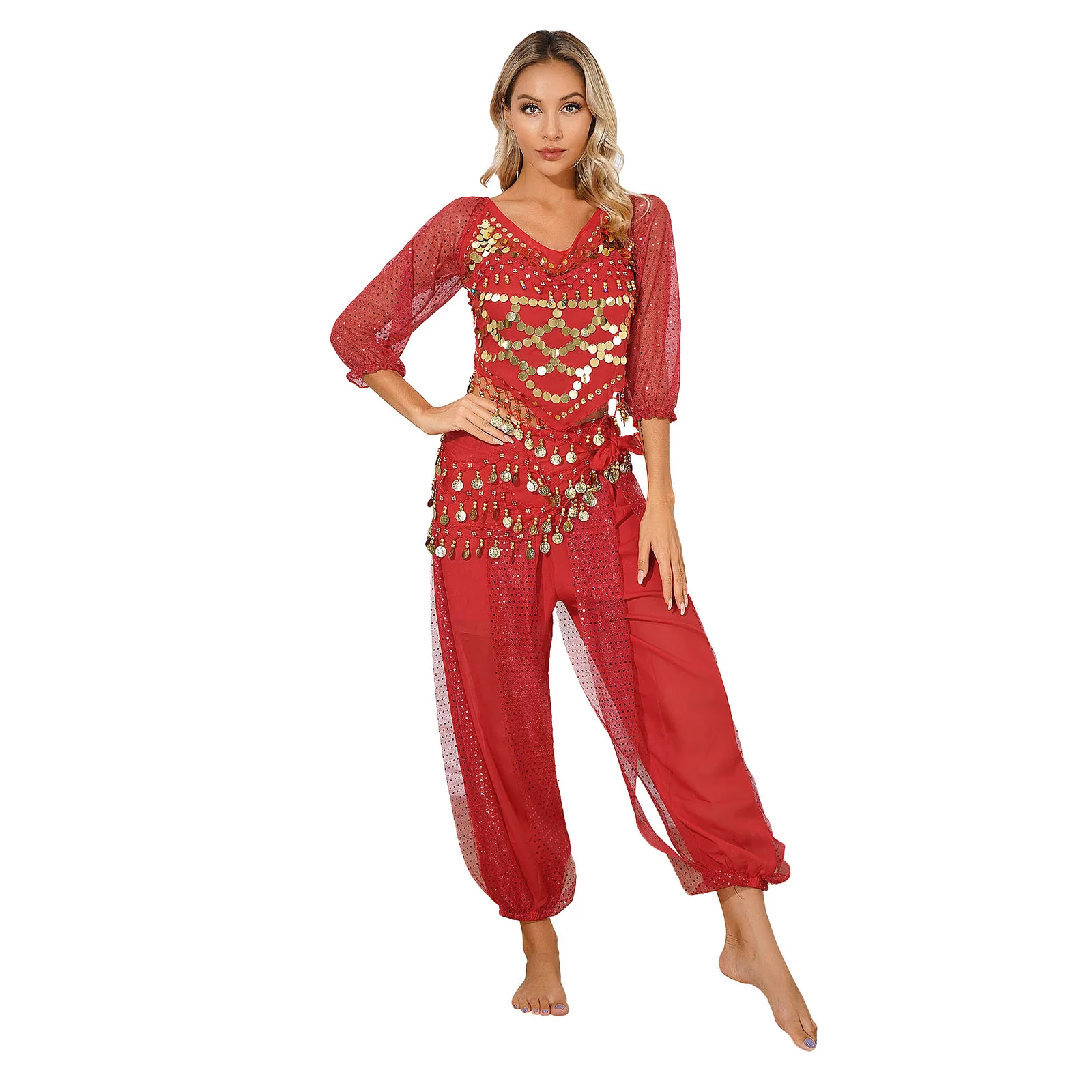 Frauen Bauchtanz Kostüme indischen Tanz Bollywood Outfit glänzende Münzen Crop Top Harem Hosen und Hip Schal Party Performance-Set