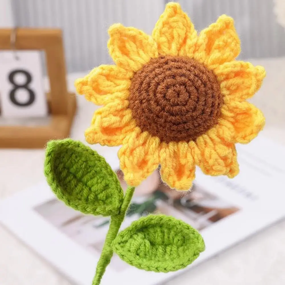 

10Pcs Crochet Sunflower with Leaves Handmade Knitting Yarn Flower Decoration Home Office Table Centerpiece Mother's Day Birthday