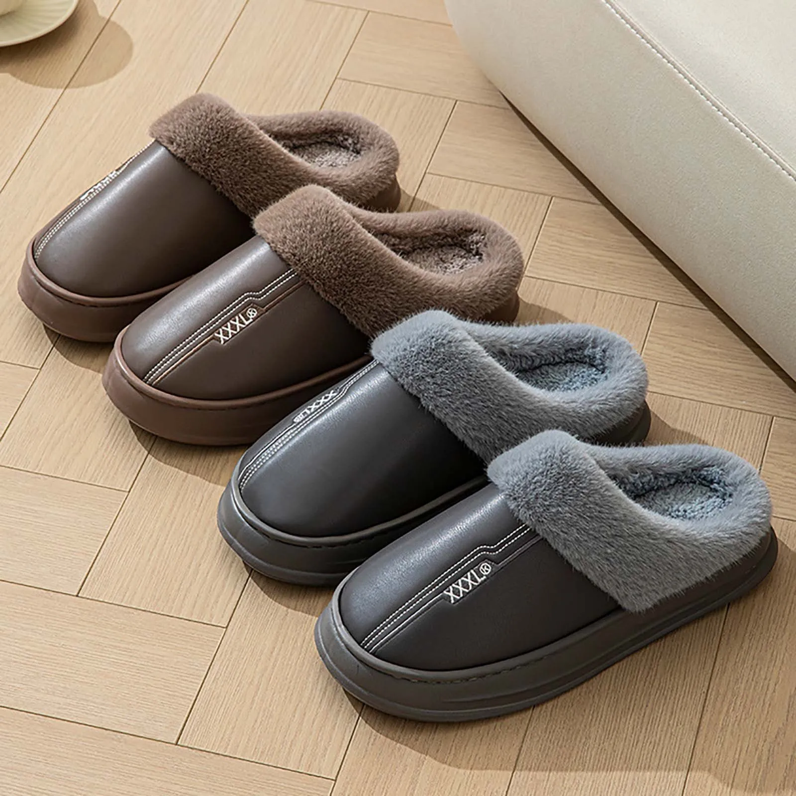 Winter Cotton Slippers Leather Warm Winter Cotton Slippers Plush Home Cold Protection Indoor Leisure Plus Velvet Thick Sole