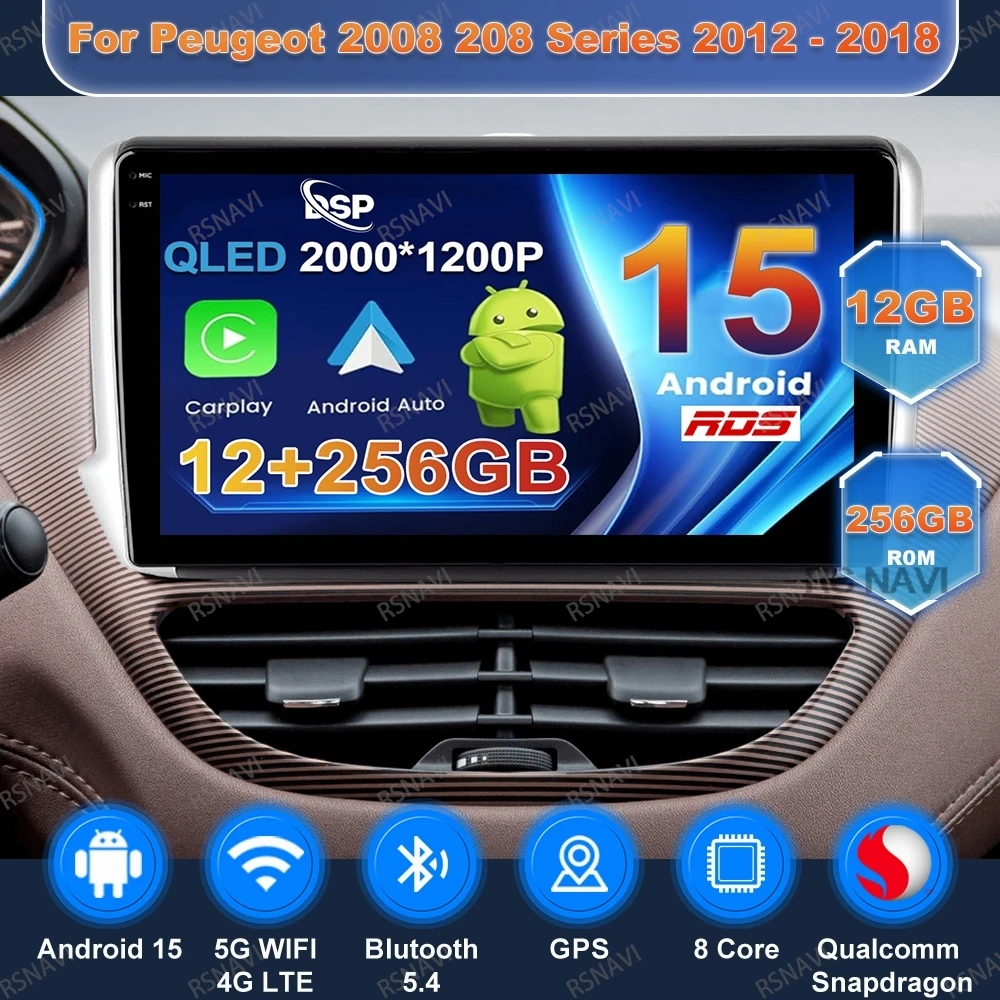Android 16 Video Player Multimedia Car Radio For Peugeot 2008 208 Series 2012 - 2018 Autoradio CarPlay RDS DSP Auto Head Unit BT