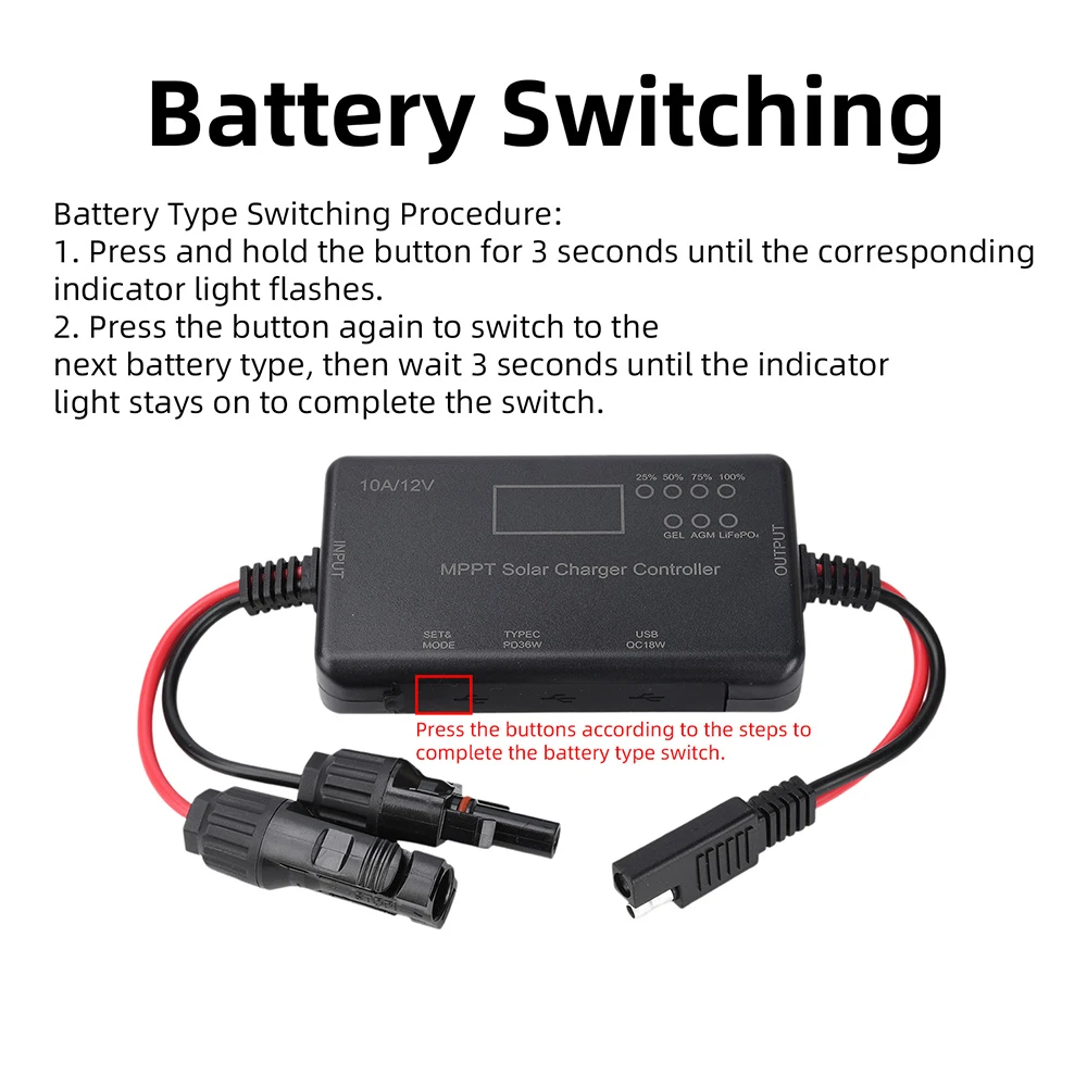 12V 10A MPPT Solarpanel-Laderegler mit Typ-C- und USB-Ausgang, entwickelt für AGM- und LiFePO4-Batterien – Detail 12