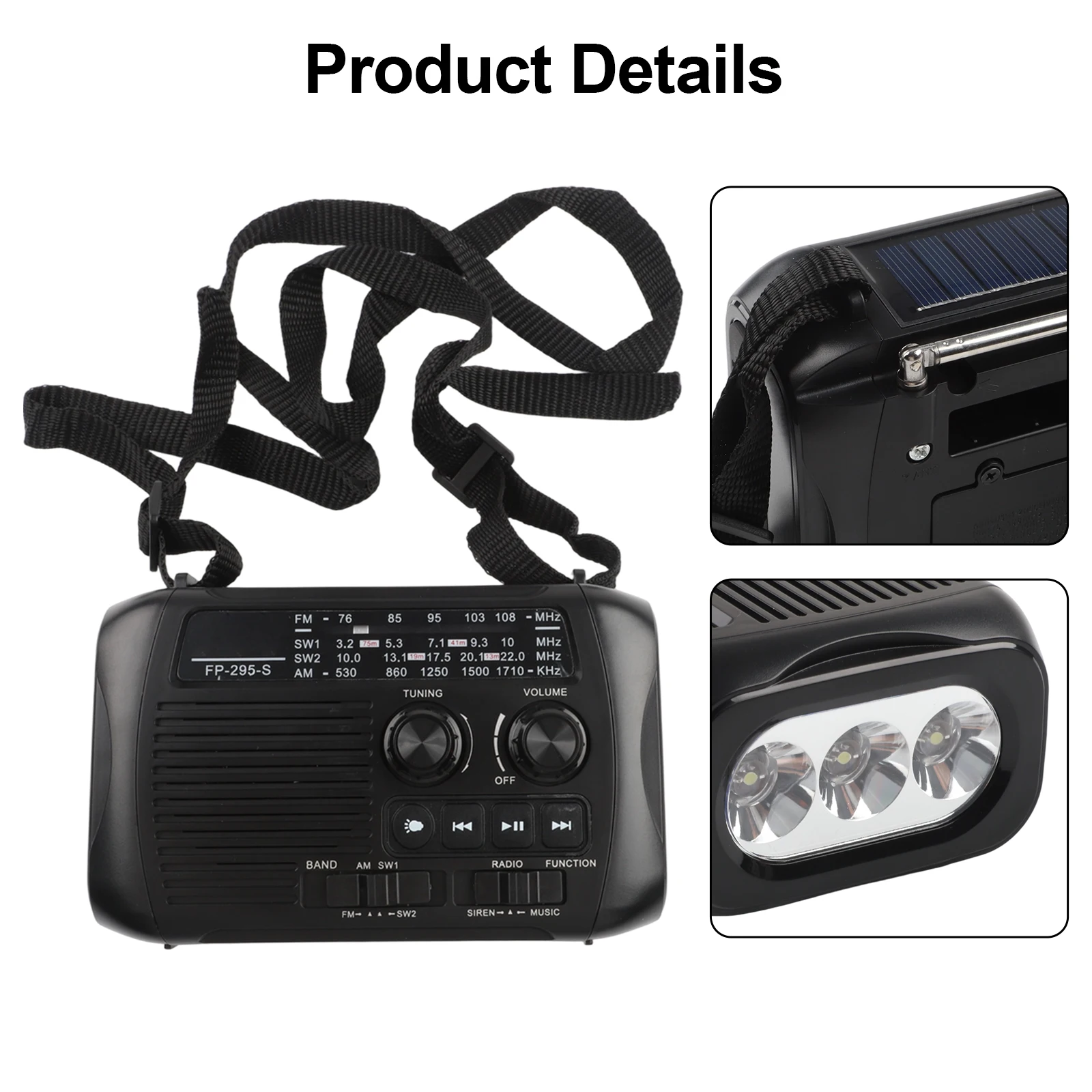 

FM AM SW Радио на солнечной батарее с ручным управлением USB TF-карта Наушники Регулируемый ремень для переноски Многофункциональные варианты воспроизведения Радио