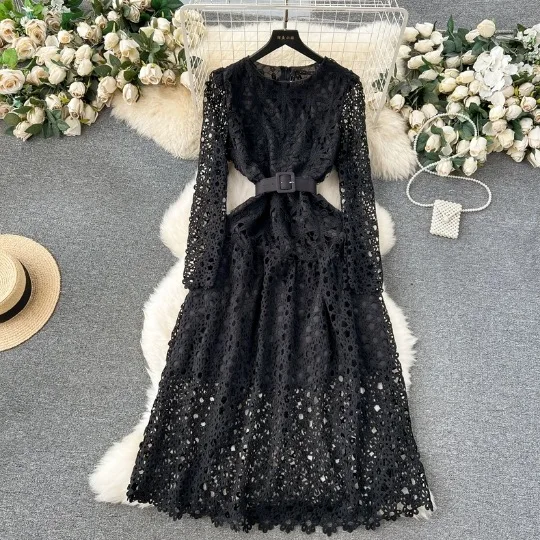 2024 High End Lace Elegance Spring New Long Sleeved Waist Slimming Hollow Fit Mid Length Dress  Maxi Dresses for Women