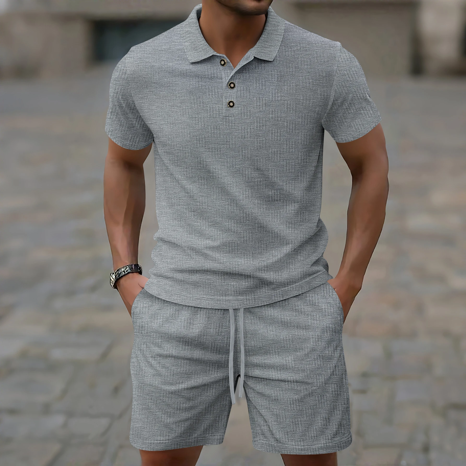

Summer Men's Casual Waffle Knit Polo Shirt Fashion Streetwear Short Sleeve Golf Tee Tops