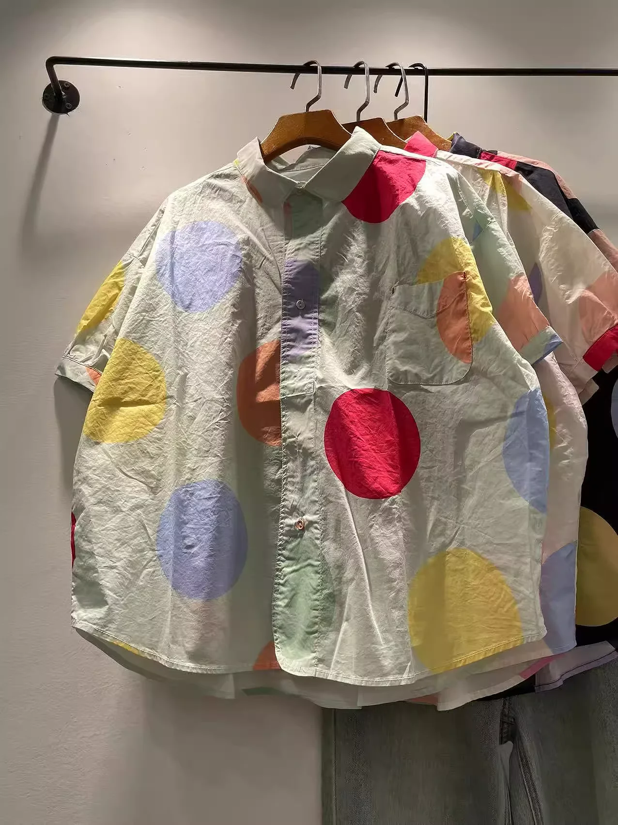 

Bust 118cm original design colorful polka dot print shirts and blouses for women summer cotton rainbow circle Hawaiian shirt