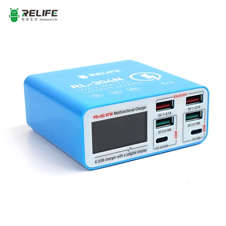 RELIFE RL-304N Smart digital display 6 port charger 87W efficient fast charge for all mobile phones tablets and other devices