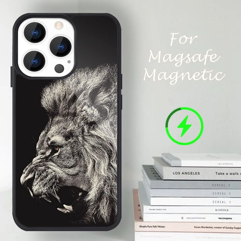 Gray Black Lions Animal Phone Case For iPhone 14 13 12 11 15 Pro Max Magsafe Magnetic