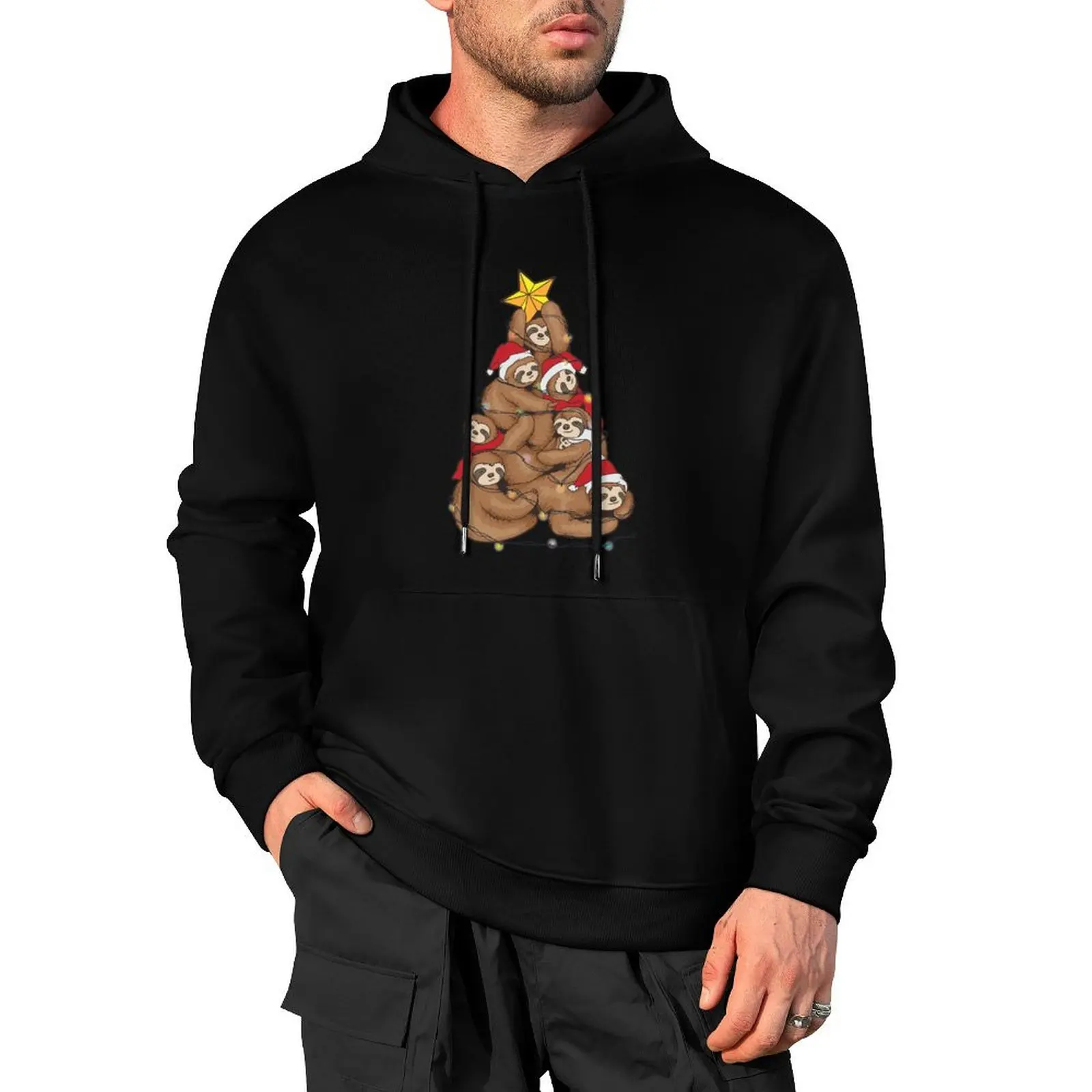 

Sloths Tree Christmas Art Yuletide Sleepy Lazy Head Gift Pullover Hoodie men's coat men's clothing hoodies for men high quality