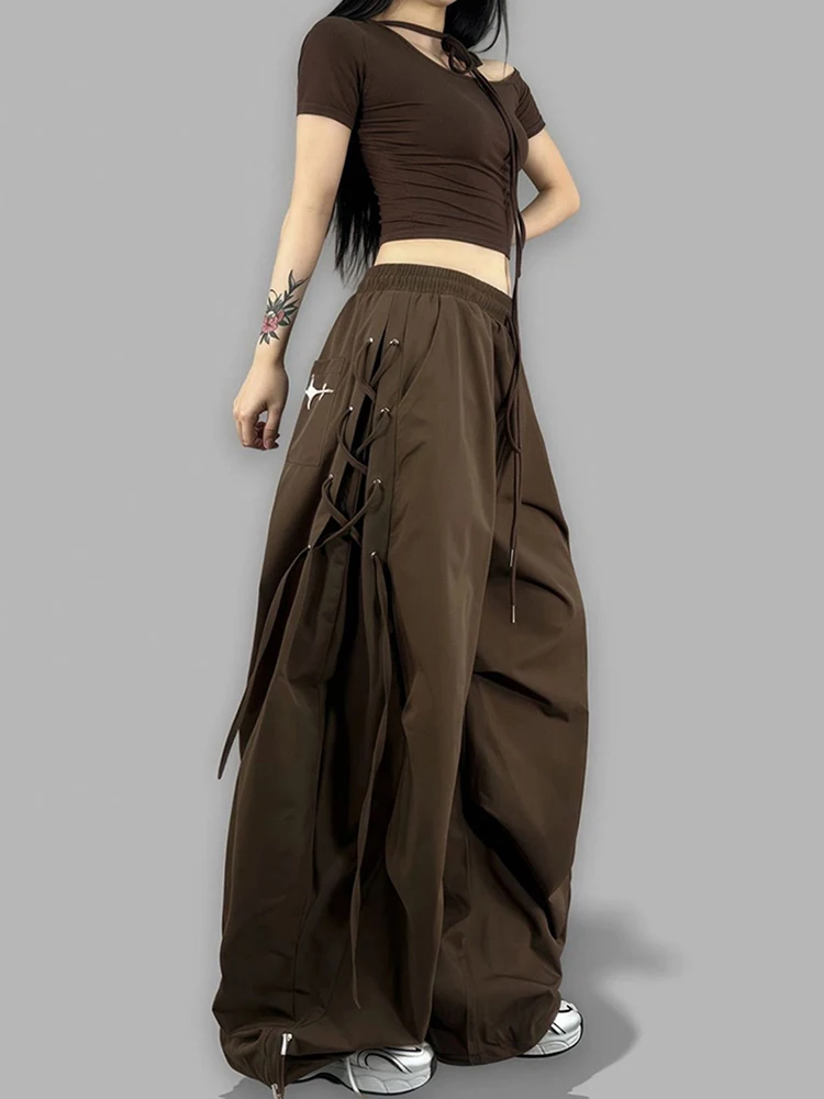 Amerikanische Streetwear Jogging-Cargohose für Damen mit Hoher Taille, Seitenriemen, Locker Geschnitten, Punk-Stil, Weites Bein, Modische Hip-Hop Fallschirmhose