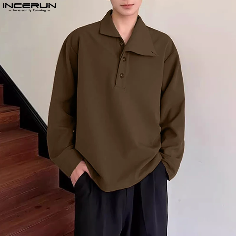 Moda Casual Style Tops INCERUN New Men Asymmetrical Neck Design Shirts Male Simple Solid Loose Long Sleeved Blouse S-5XL 2024