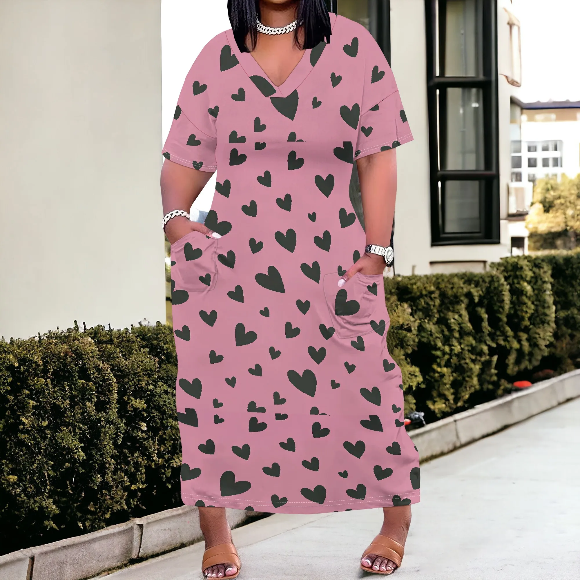 Women's Plus Size African Print Dresses Casual Loose Pocket Short Sleeve Long Maxi Dress