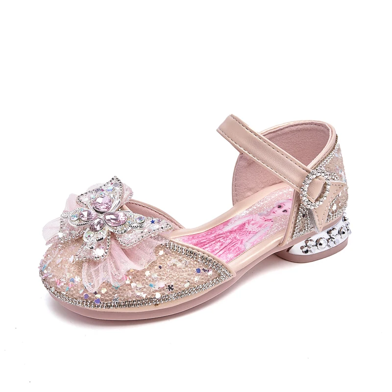 

Summer Girls Sandals With Heel Fashion Shiny Glitter Shoes Children Princess Bowtie Pearl Dancing Shoes
