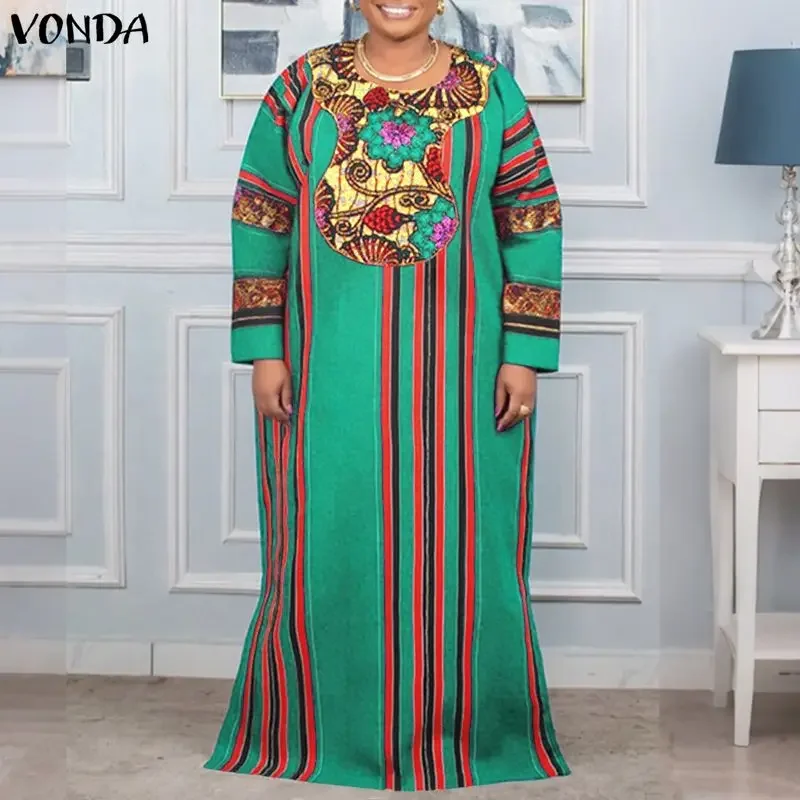 

Женское платье больших размеров в богемном стиле с принтом, осеннее платье макси Vestidos 2026, повседневное свободное винтажное вечернее платье большого размера с длинными рукавами 5XL