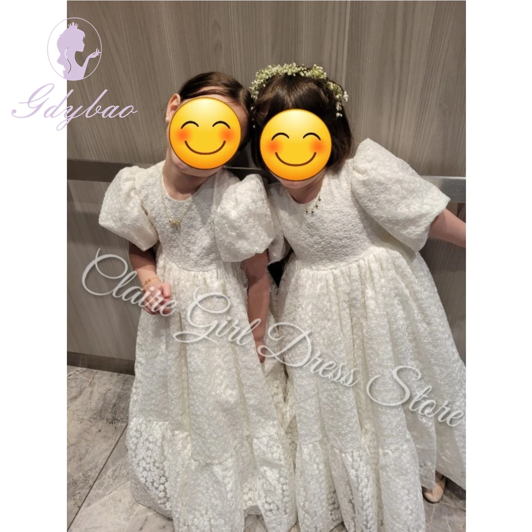 Milk Lace First Communion Flower Girl Dress For Wedding Lattern Sleeves High Waist Neck Puffy Kids Birthday Elegant Ball Gowns