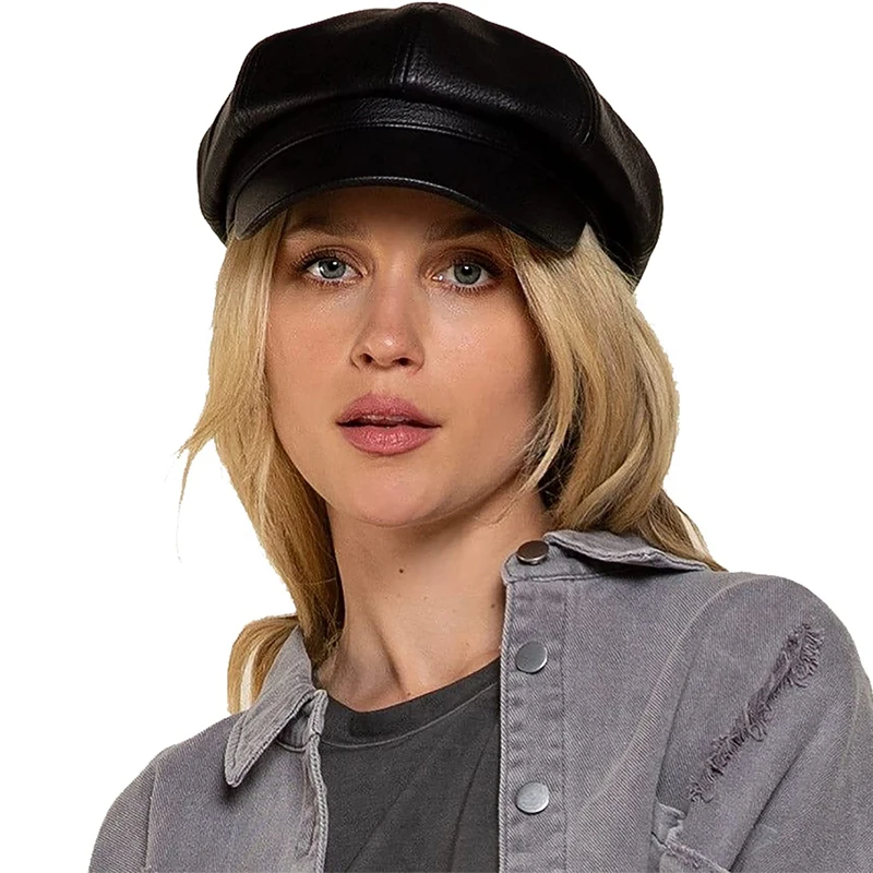 Autumn Winter Hats for Women Solid Plain Octagonal Newsboy Cap Men Ladies Casual PU Leather Hat Winter Beret Painter Cap