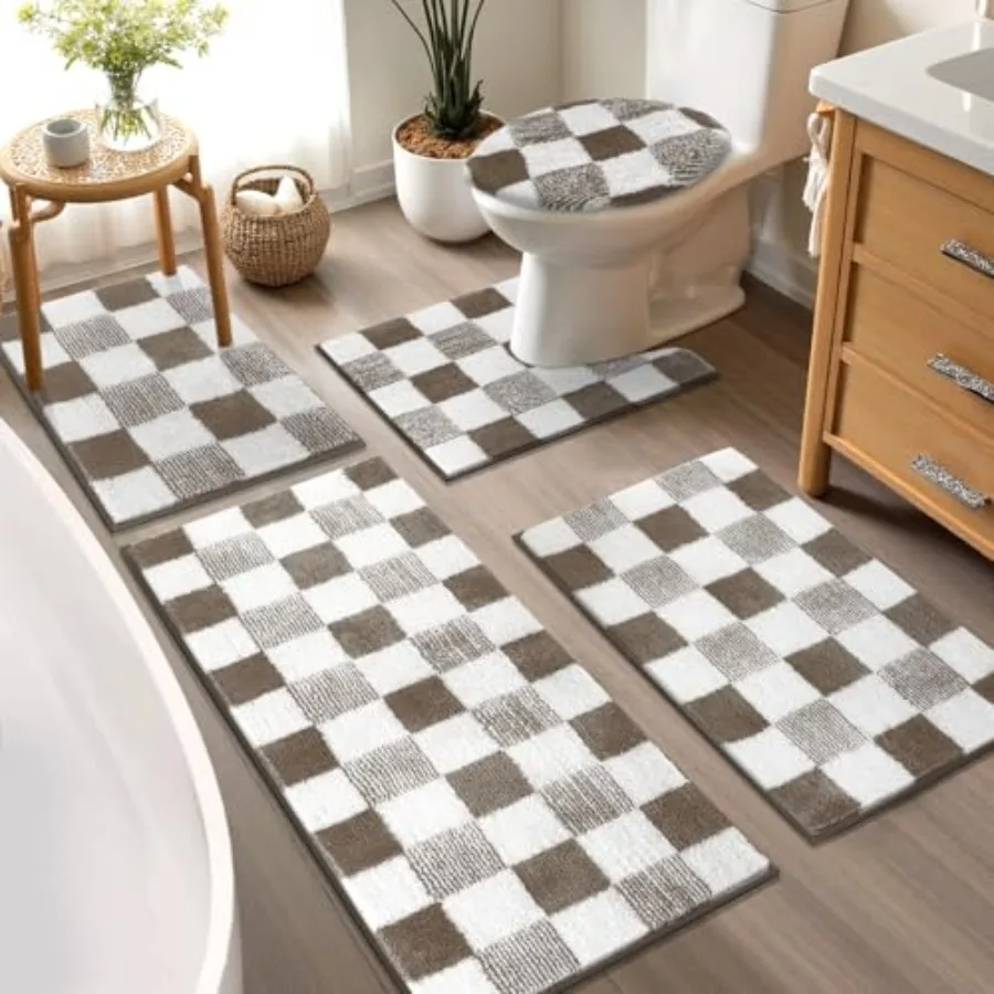 

Checkered Bathroom Rug Sets 5 Pcs Non-Slip Ultra Absorbent Microfiber Bath Mats Machine Washable Plush Shag Ultra Soft Bath Rug