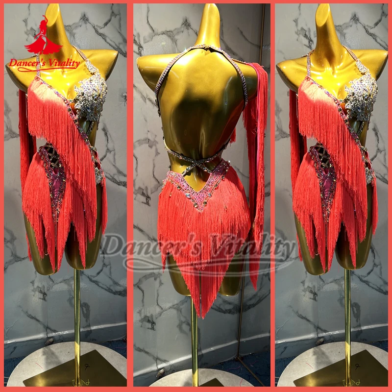 Robes à franges Chacha Samba Perform & Contest orange-rouge pour filles, vêtements de danseuse professionnelle latine pour adultes, vitalité, personnalisés