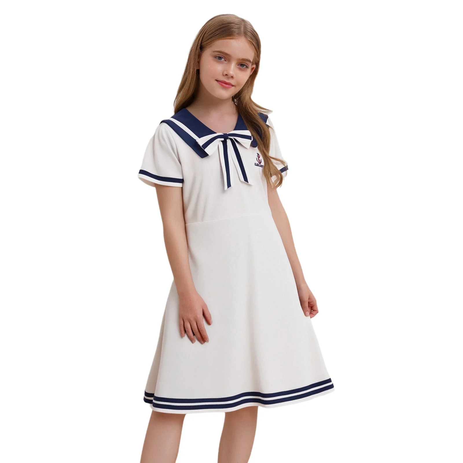 

Kids Girls Dress Cotton Summer School Uniform Bowknot Sailor Collar Short Sleeves Striped Contrast Color Dress Casual Holiday