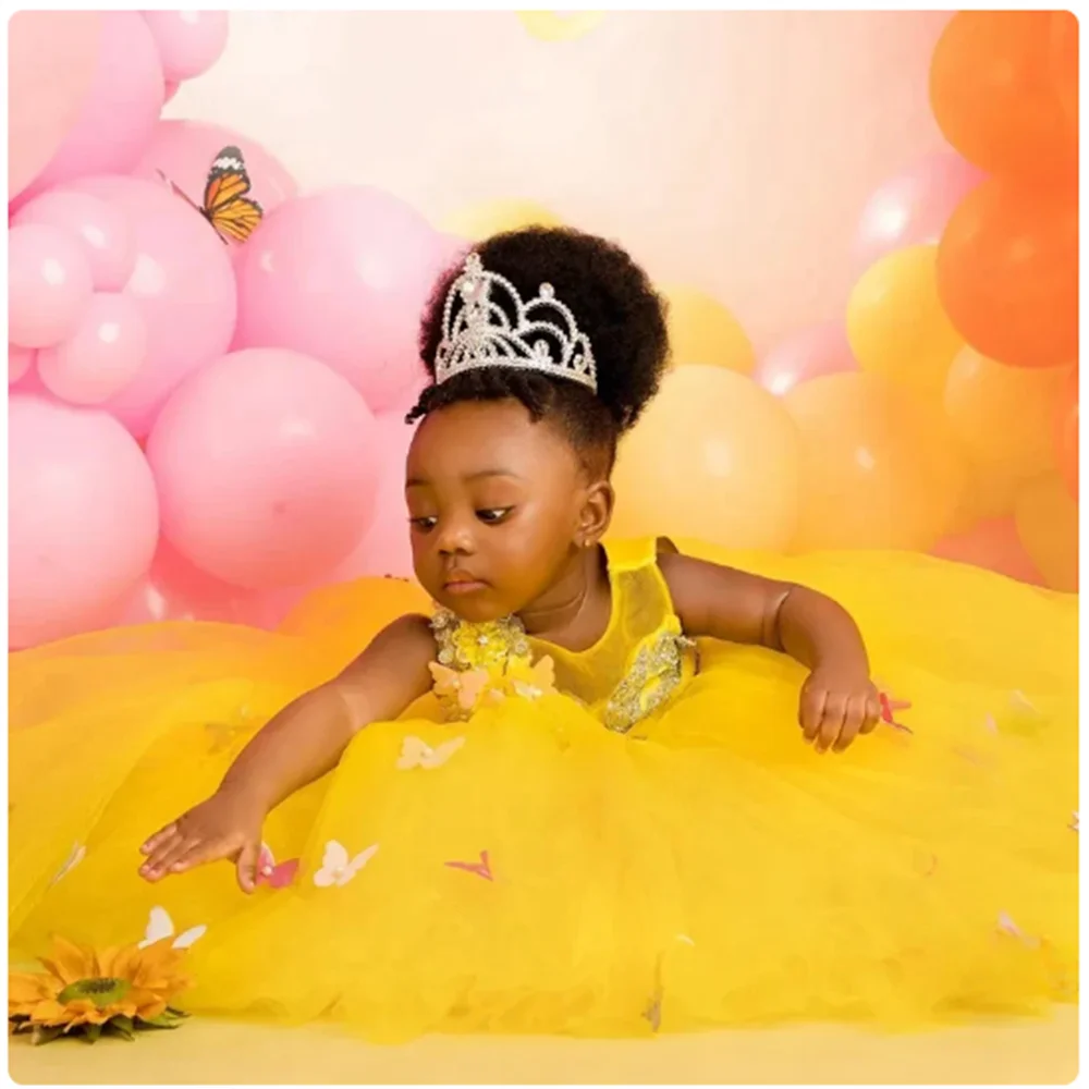 Vestido azul real de flores para niña, traje con apliques de cristales, tul escalonado, para fiesta de primer cumpleaños