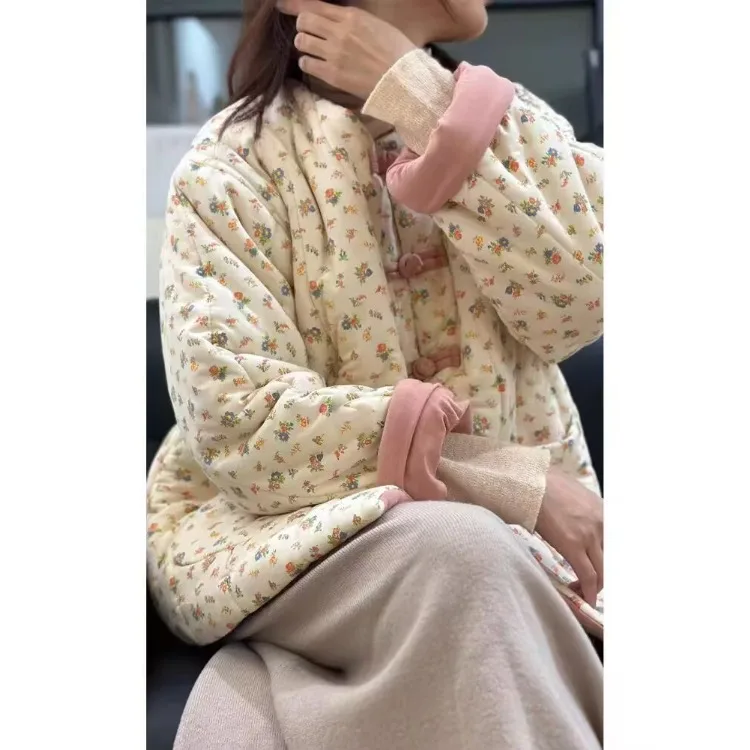 

Women's plus Size Cotton Jaet Floral Embroidery Thiened Long Sve Slimming Outerwear Traditional Chinese Sle Buttoned