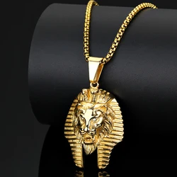 Hip Hop Bling Iced Out Stainless Steel Pharaoh Lion Pendants Necklace for Men Rapper Jewelry Gold Color