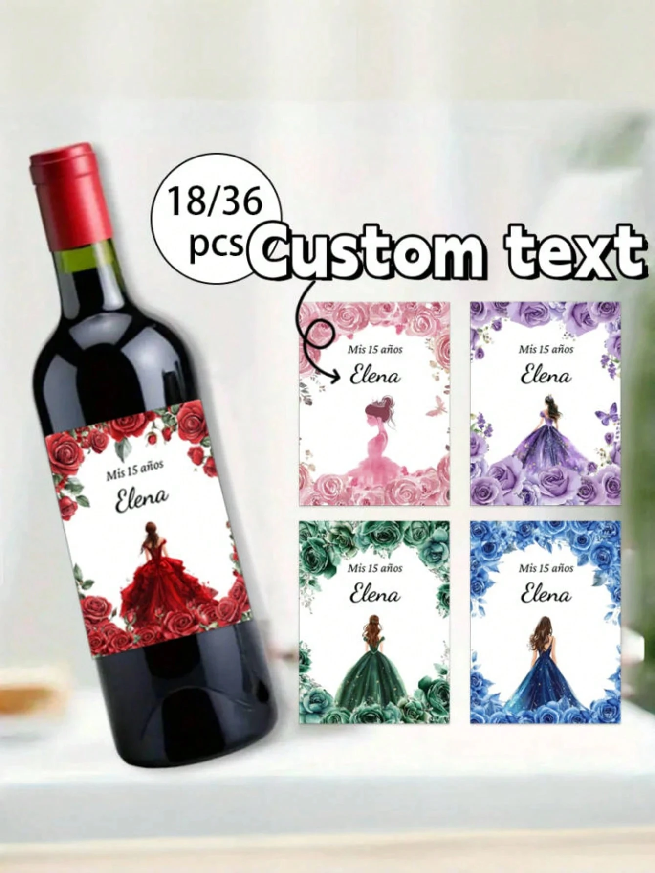 18 36pcs Personalized Wine Bottle Labels 15th Birthday Party Crown Decor Graphic Print