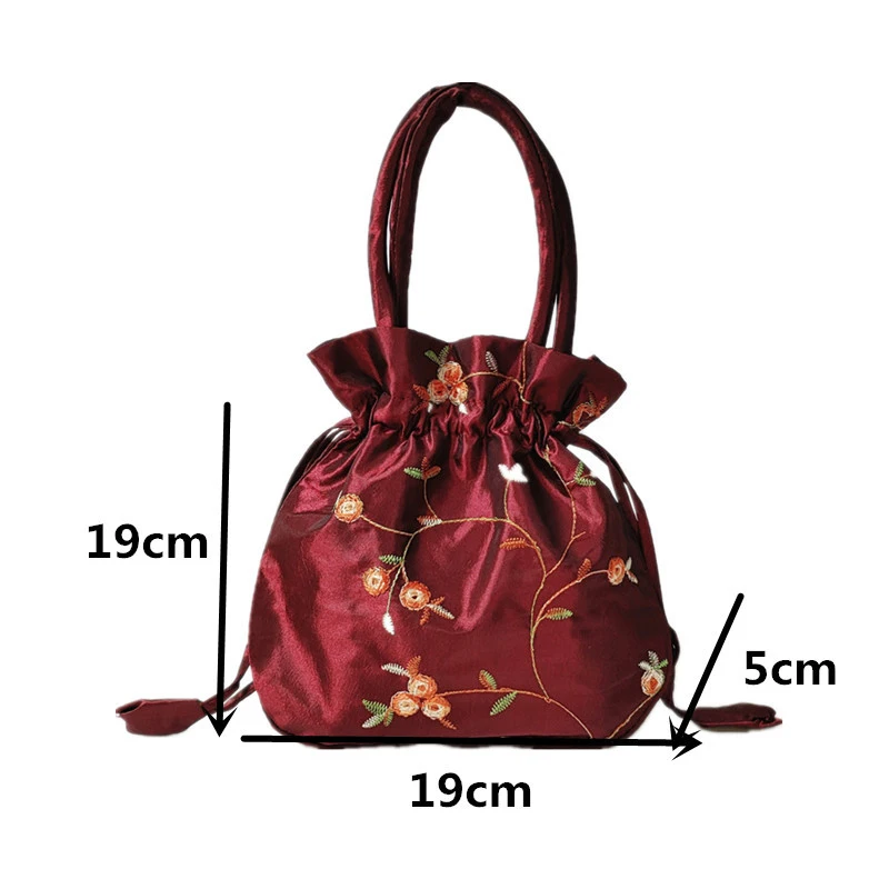 Embroidered Handbag Women Bucket Bag Phone Bag Female Retro Flower Coin Purse Handle Shopping Bag Ethnic Style Drawstring Bag