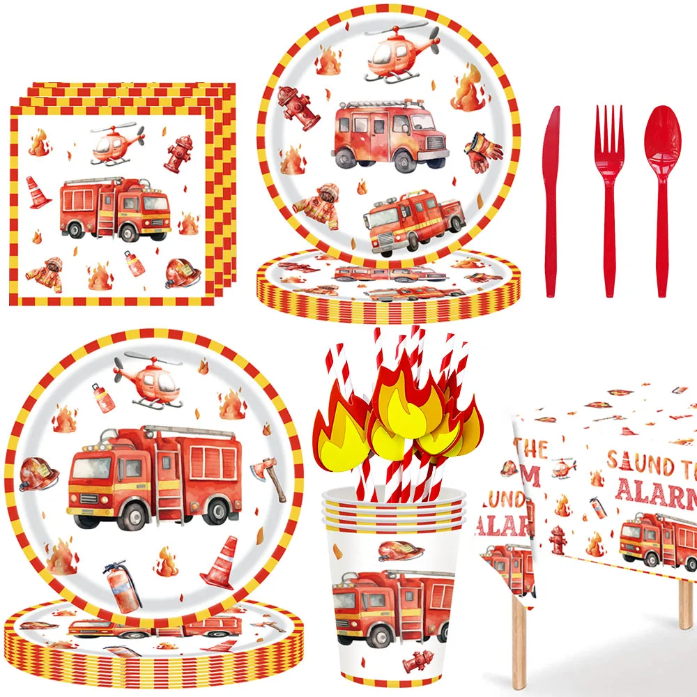 Fournitures de fête d'anniversaire de camion de pompier aquarelle, vaisselle de pompier, camion de pompier, assiettes en papier, gobelets, serviettes, nappe