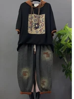 Vintage Plus Size Jeans Set Women's Two-Piece Outfit Casual Suit Denim Pants  Ladies Hooded T-Shirt Printed Jeans Sets - Image 3