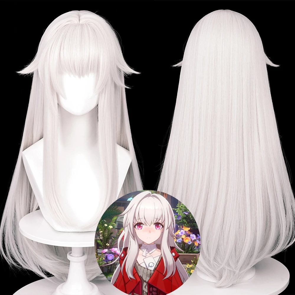

White Long Straight Synthetic Fluffy Wig with Bans Anime Game Cosplay Heat Resistant Women for Daily Party