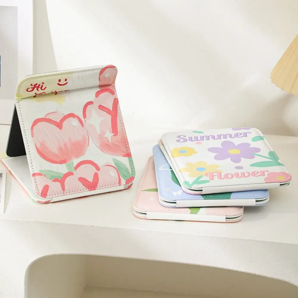 Folding Tulip Makeup Mirror HD Mirror Cosmetic Mirror Tulip Table Top Mirror Delicate Pu Leather Tulip Desktop Dressing Mirror