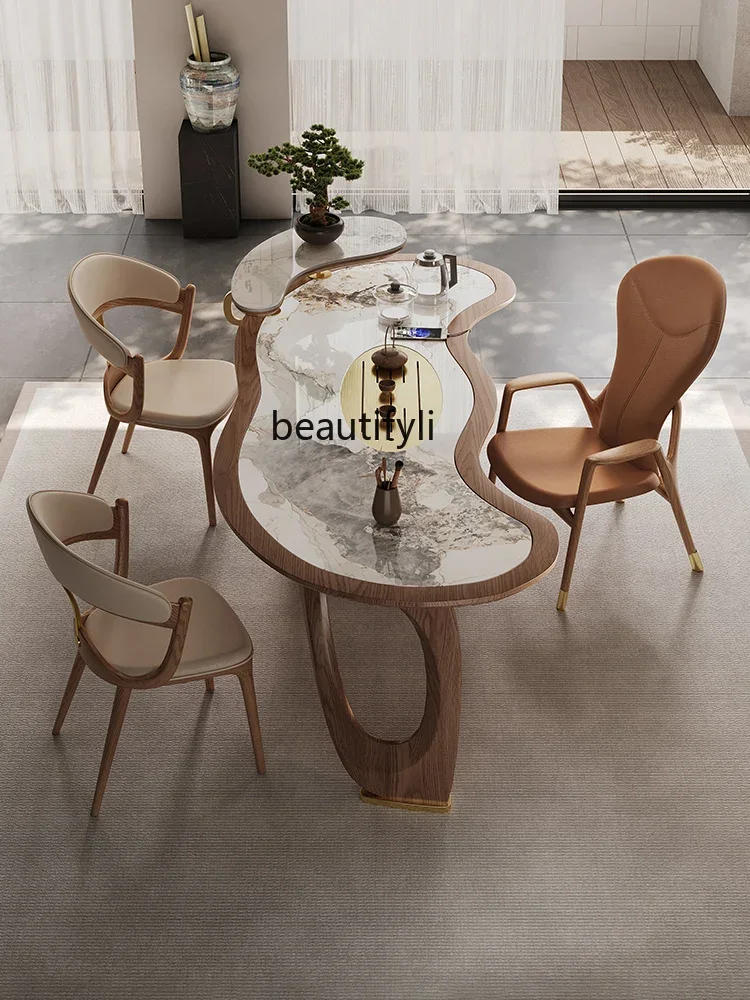 Solid wood tea table modern simple office tea integrated new Chinese curved rock slab tea table