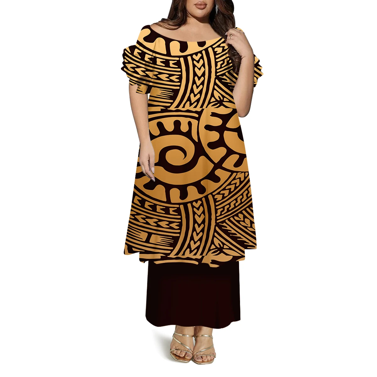 Polinésia senhoras moda em torno do pescoço manga borboleta verão vestido solto casual personalizado vestido de dupla camada padrão