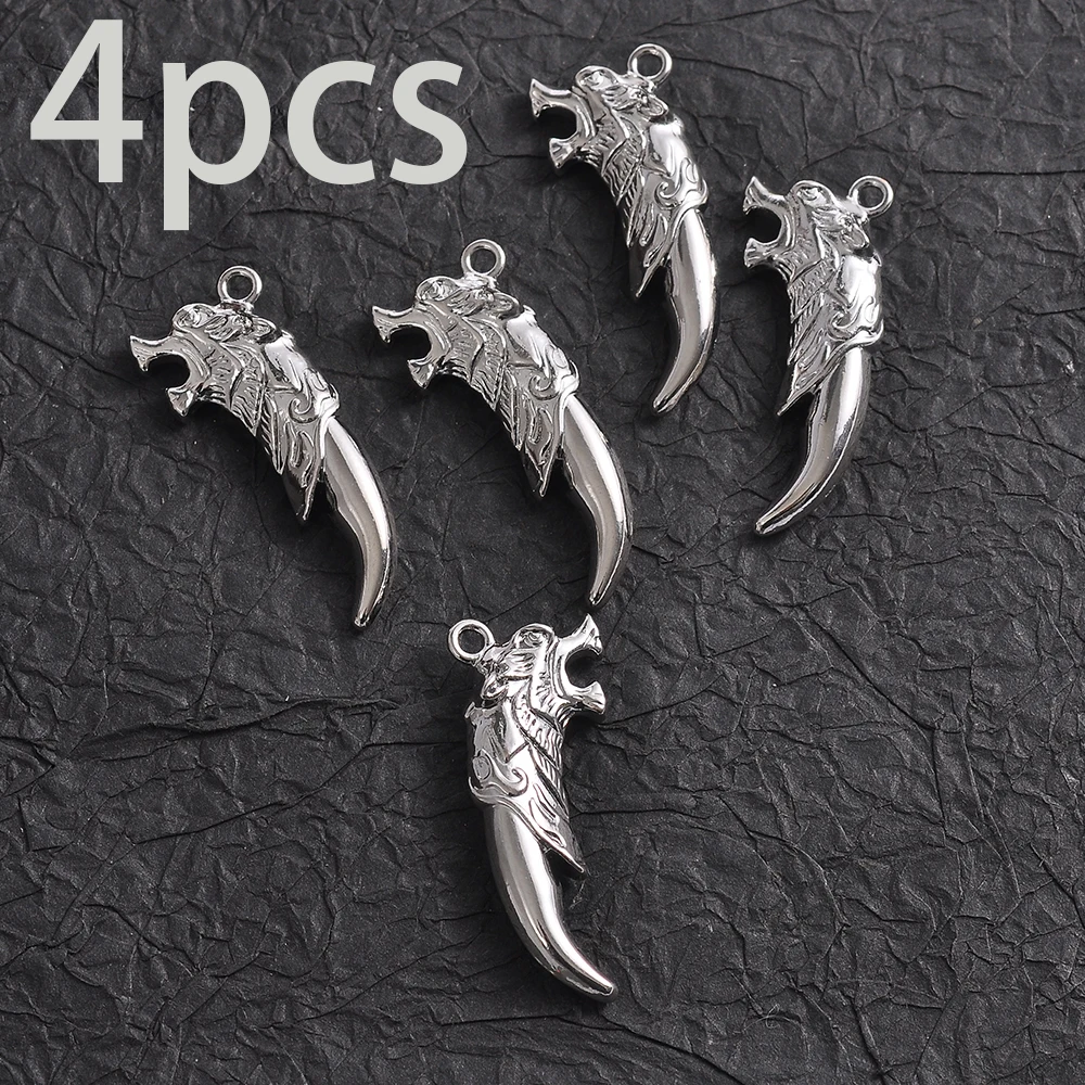 4-Piece Set of Embossed Wolf Tooth Ornaments, Handmade Small Accessories, Vintage Twisted Pattern Wolf Tooth Design with a Fierce and Wild Style, Suitable for DIY Bracelets, Necklaces, and Earrings, Handmade Beaded Decorative Accessories