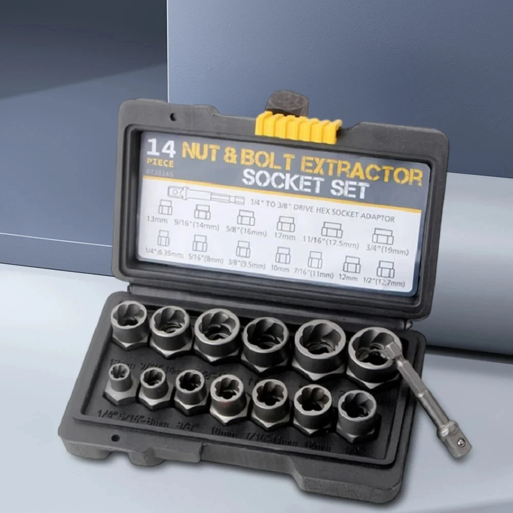 

14Pcs Impact Bolt & Nut Remover Set Cr-Mo Steel Bolt Extractor Tools Set with Storage Case for Damaged Bolt Nut Extractor Socket