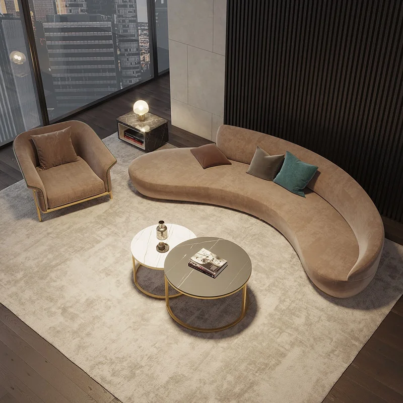 

#Modern Curved Velvet Fabric Sectional Sofa Set With Lounge Chair CloudCouch With Pillows Living Room Large Space Home Furniture