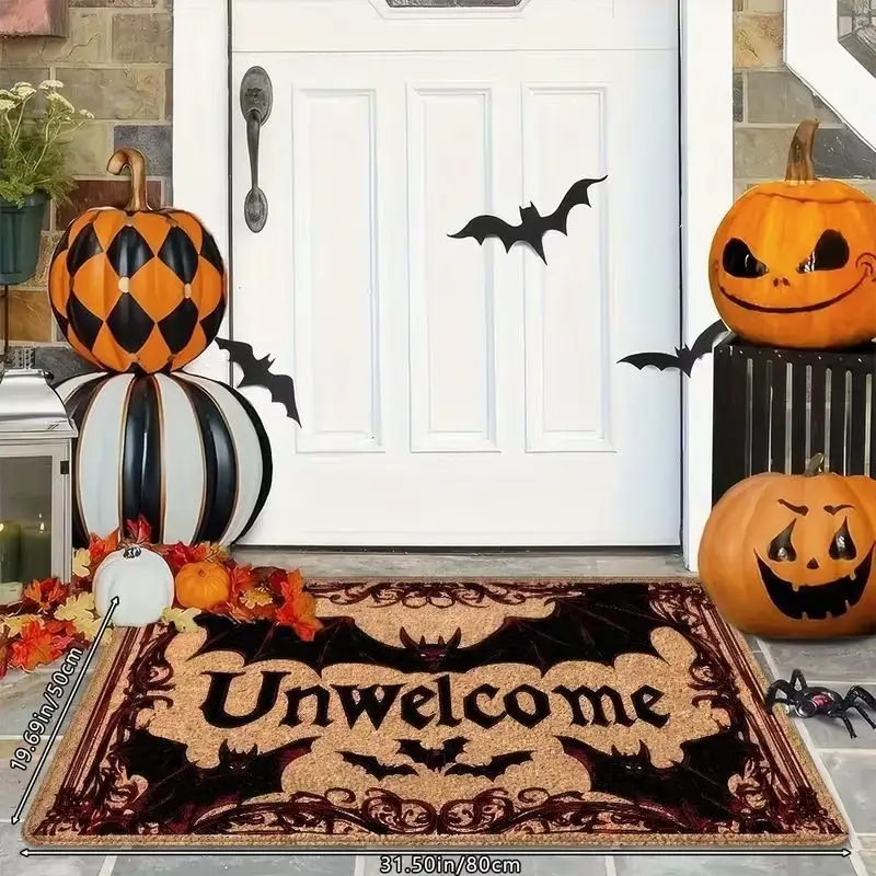 VIKAMA Unwelcome Halloween Door Mat Gothic Skull Bat Non-Slip Entry Rug Spooky Front Door Floor Carpet Decor