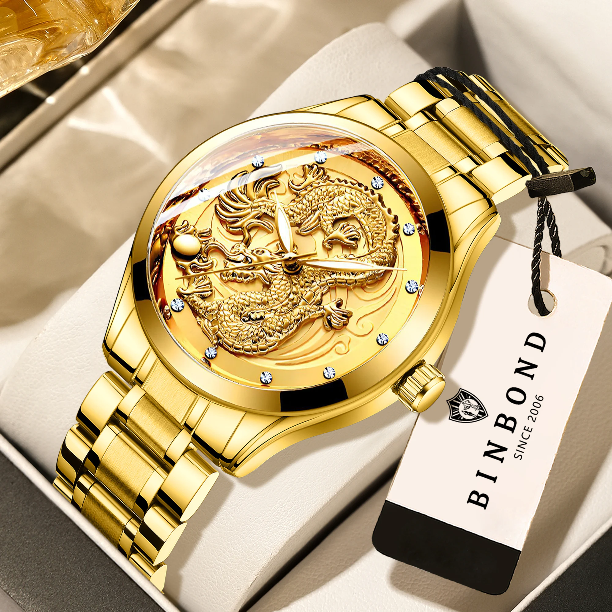 BINBOND Dragon Präzise Quarzuhren für Herren Luxuriöse Leuchtende Reloj Wasserdichte Herrenuhr Edelstahl Langlebige Armbanduhr