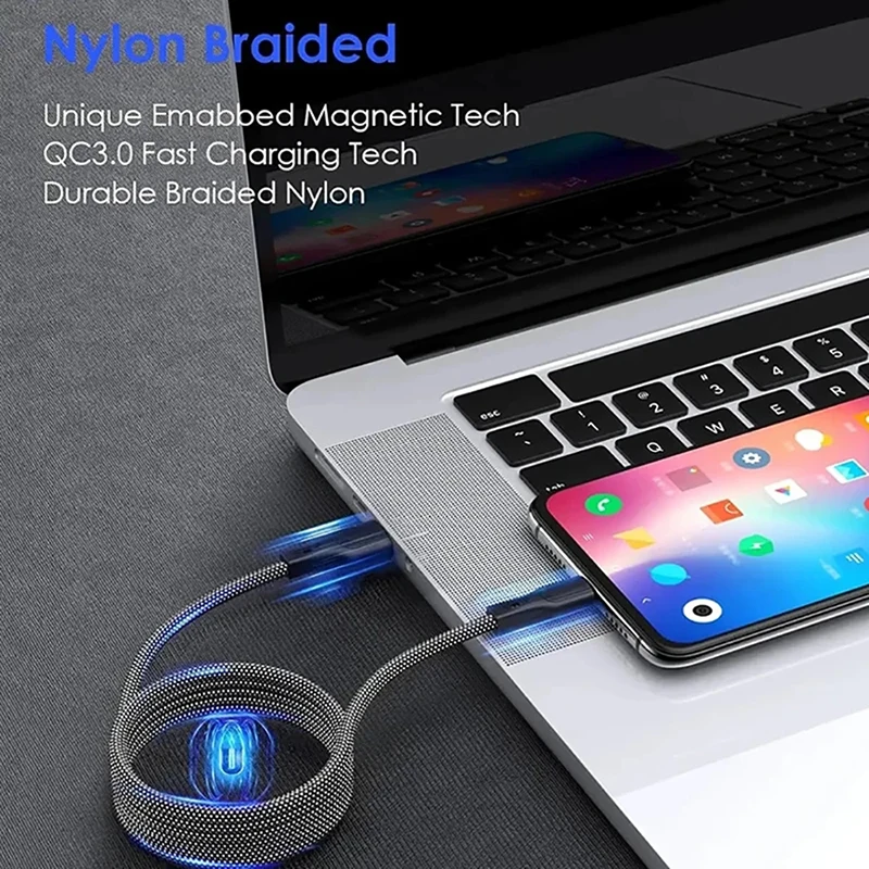 PD 100W Magnetic USB Type C to USB C Fast Charger Cable Retractable Data Sync Wire for iPhone 15 Pro Samsung S24 Xiaomi Huawei