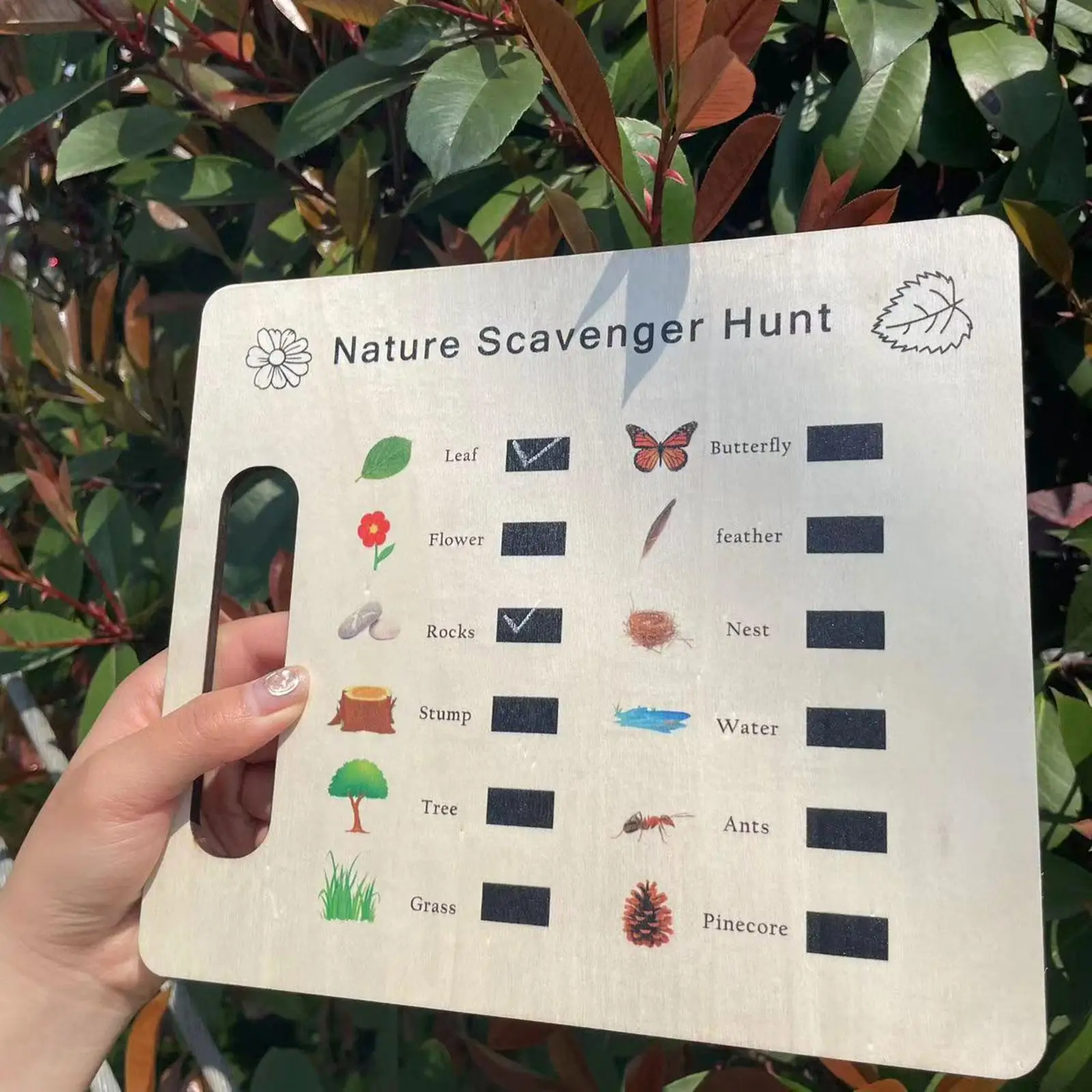 ธรรมชาติ Scavenger Hunt การ์ด Treasure Hunt Board สํารวจเกมไม้ค้นหาธรรมชาติ DIY Craft Kit สําหรับชายหญิงเด็กเด็ก