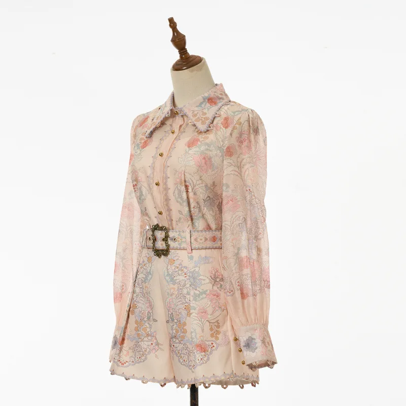   플로럴 패턴 셔츠 탑 하이웨이스트 팬츠 패셔너블한 의상 세트 엘레 벨벳 소재 롱 슬리브 드레스