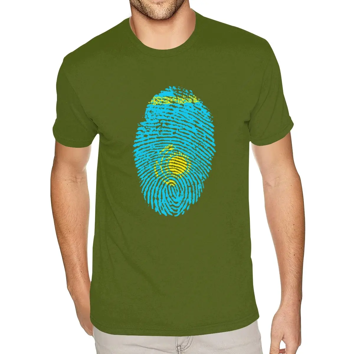 Vintage Graphic Kazakhstan Flag Fingerprint T Shirt Men's Graphic Custom Short Sleeved Cotton Moss Green O Neck T Shirts