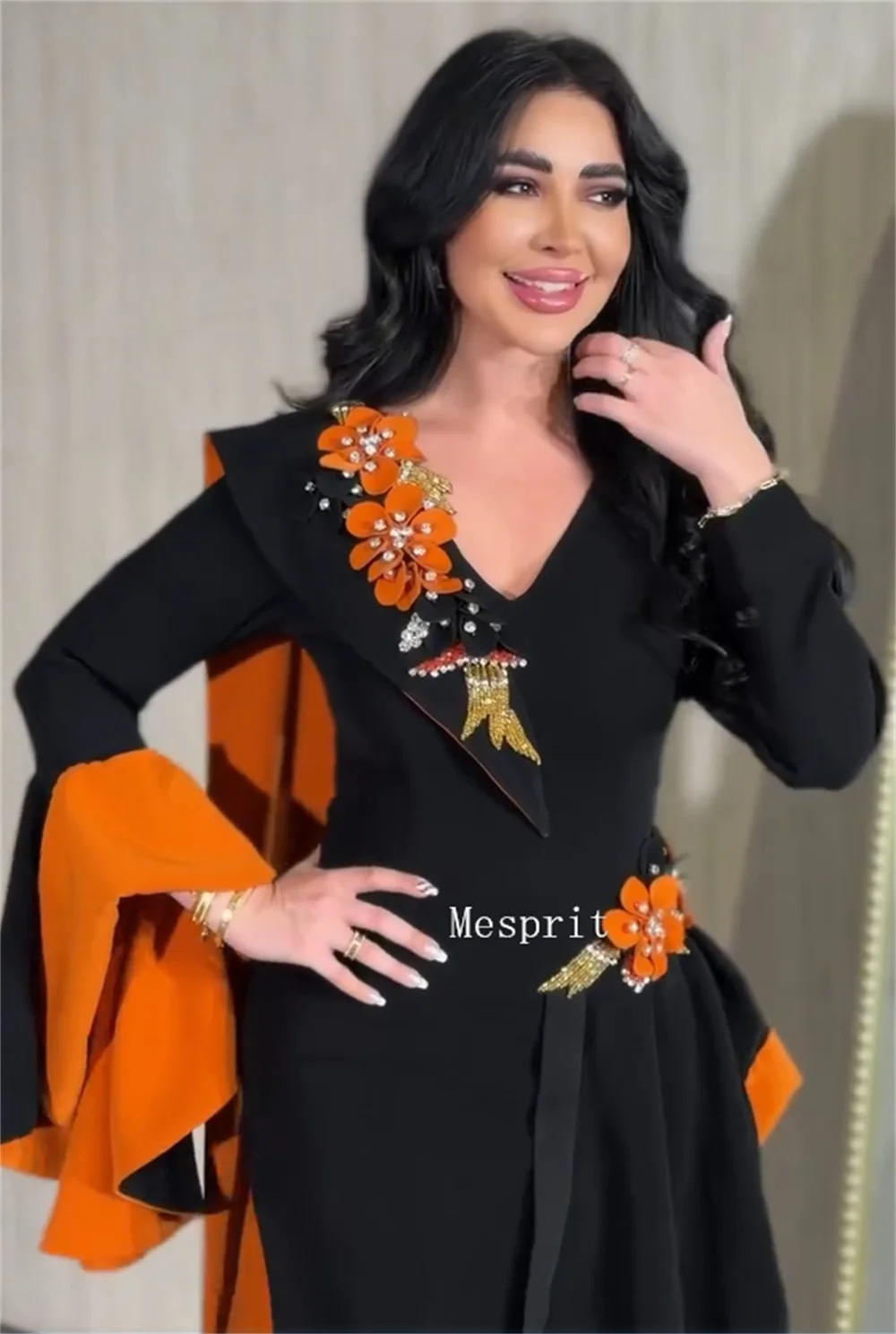 Customized Classic Jersey Pleat Sequined Flower A-line V-neck Long Bespoke Occasion Party Dresses High Quality view 5