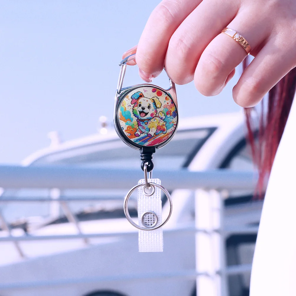 Cute Watercolor Animal Badge Reels Retractable Badge Reel with Key Ring Card Holder Outdoor Keychain Holder