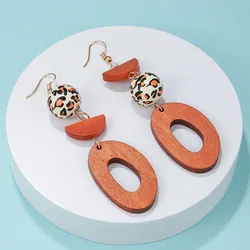 Nature Wood Long Dangle Earrings Women Paintings Beads Geometric Drop Eaiing Vintage Jewelry for Party