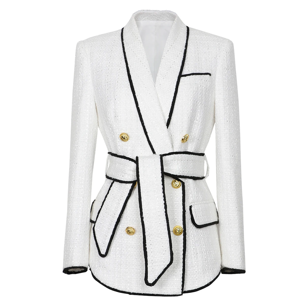 

Весенне-осенний новый женский двубортный высококачественный костюм с грубой твидовой талией, верхнее пальто с длинными рукавами и шортами, комплект