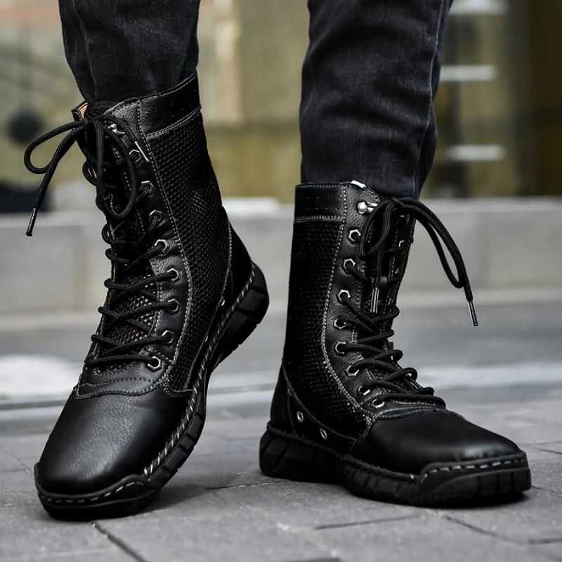 Hot Black Men's Boots 2026 Summer Breathable Mesh Motorcycle Boots Size 46 47 Comfortable High Pink Boots Women botines hombre