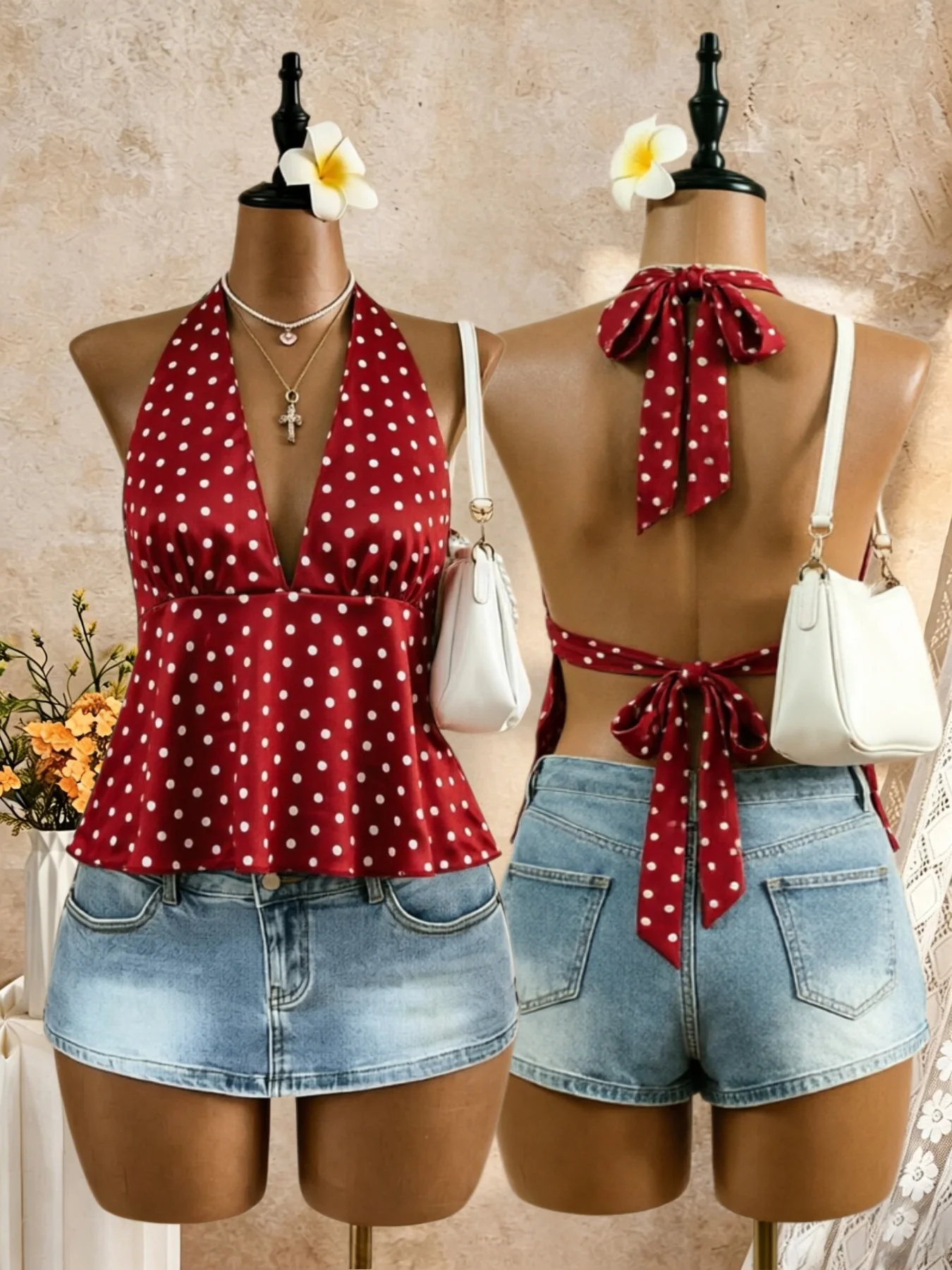 Women Halter Deep V Neck Polka Dot Back Tie Bow Peplum Cami Top 2026 Summer Y2K Red Retro Satin Open Back Flared Sleeveless Swin