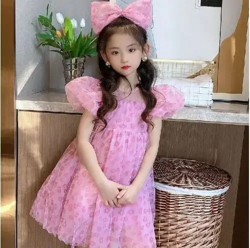 2024 Summer  Children Girls Princess Dress Bow Leopard Pink Dress  Fashionable with Headband