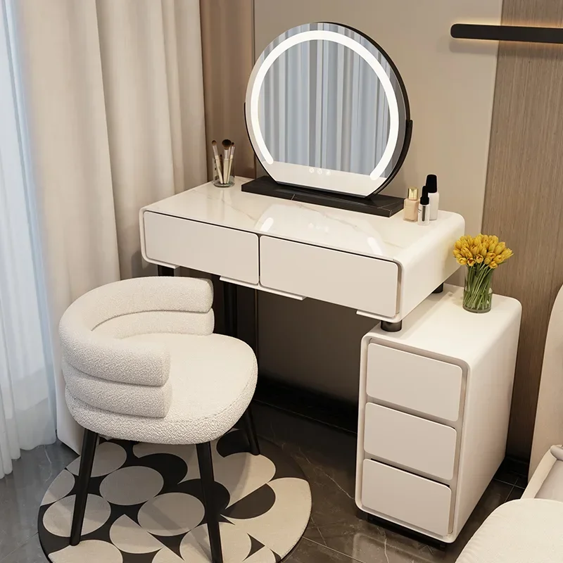 

Simple Slate Vanity Table Bedroom Beauty Dressing Table Led Mirror with Chair Storage Drawer Tempered Glass Modern Furniture